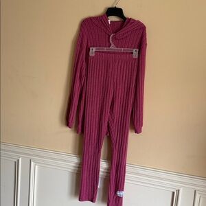 Girls Size 16Y Ribbed Knit 2-Piece Hoodie & Leggings Lounge Set - Fuchsia Berry